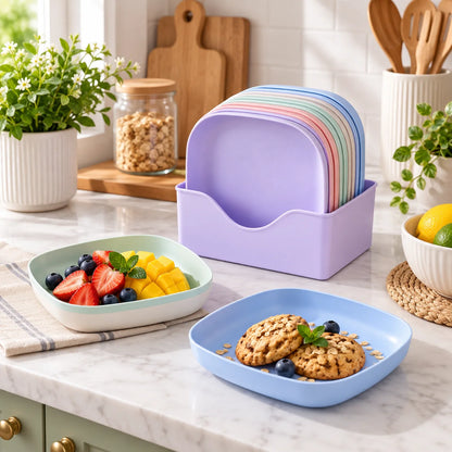10Pcs Pastel Square Dinner Plates with Storage Stand