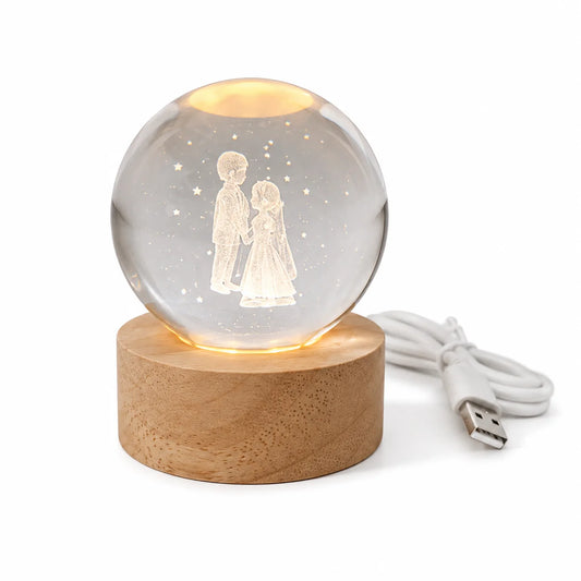 3D Crystal Ball Couple LED Lamp with Wooden Base