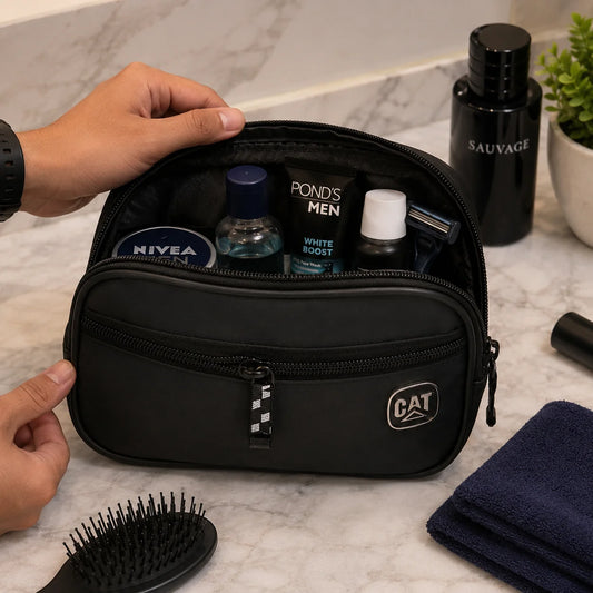 Compact Black Travel Toiletry Pouch with Front Pocket