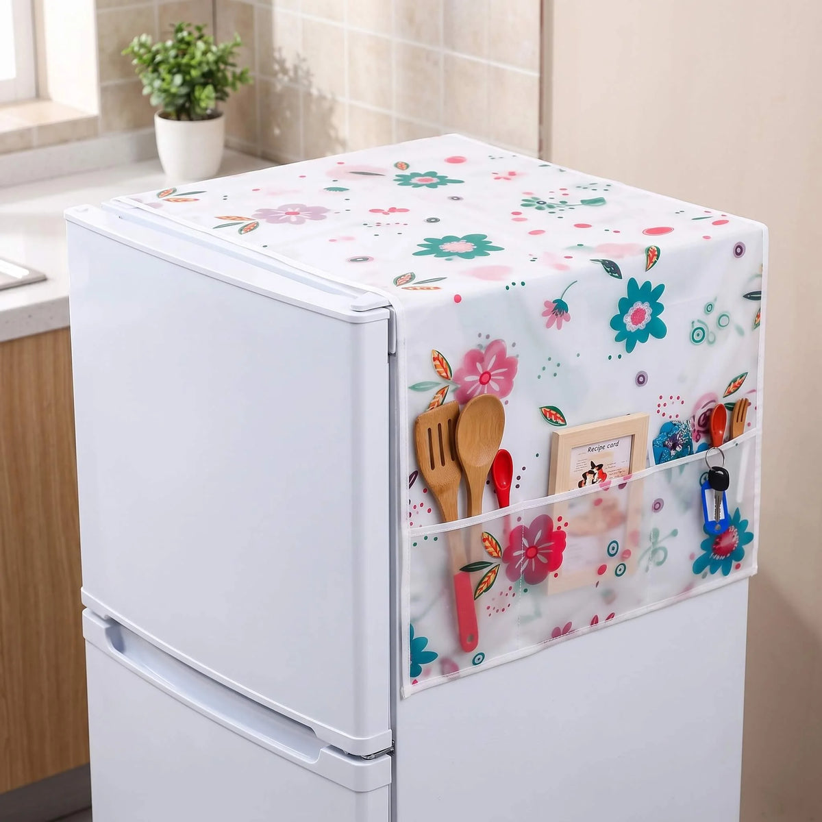 Floral Refrigerator Top Cover with Side Storage Pockets