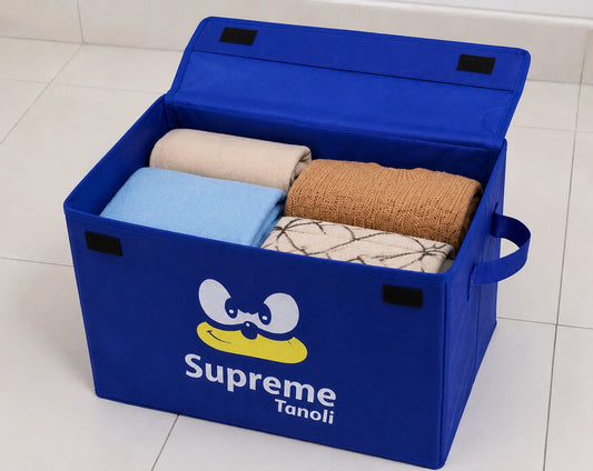 Foldable Fabric Storage Box with Lid & Handles – Blue