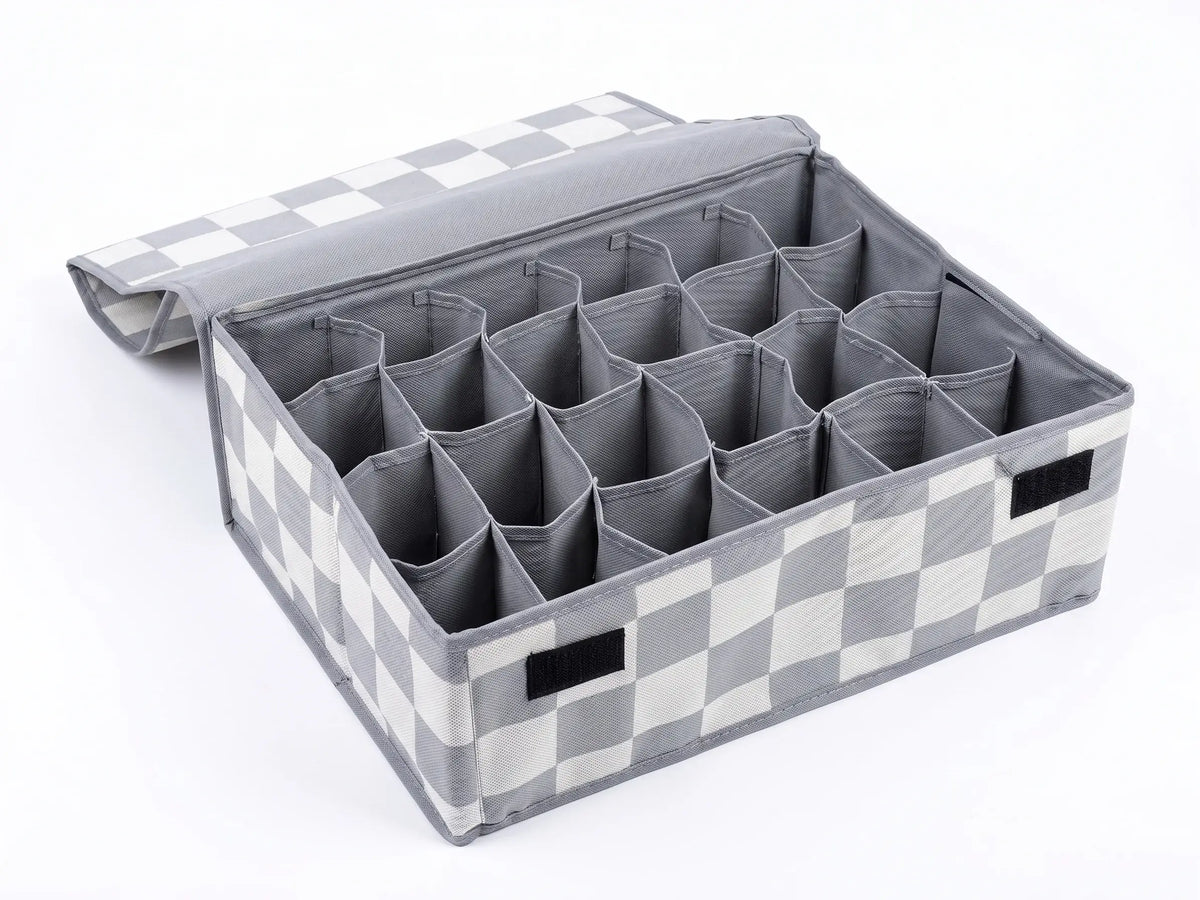 Grey Check Foldable Drawer Organizer Box with Lid
