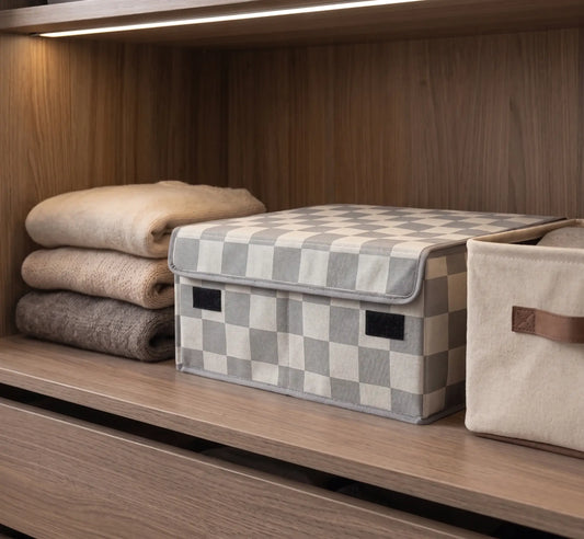 Grey Check Foldable Drawer Organizer Box with Lid