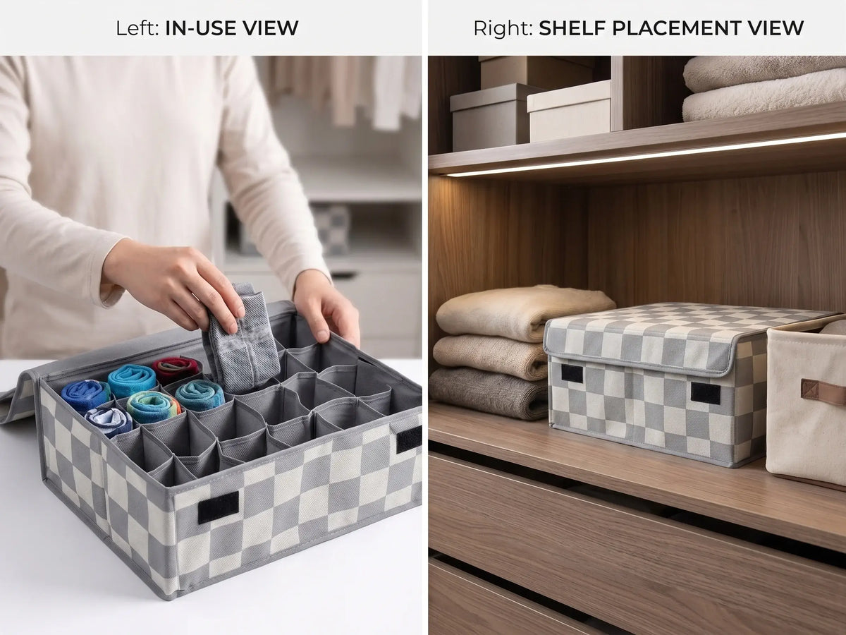 Grey Check Foldable Drawer Organizer Box with Lid