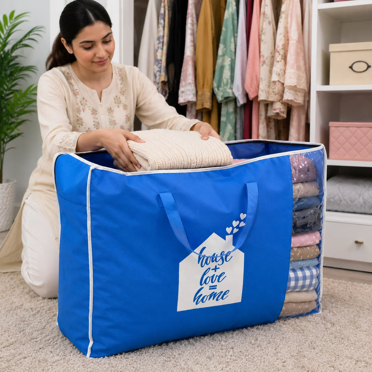 Large Blue Clothes Storage Bag with Clear Window