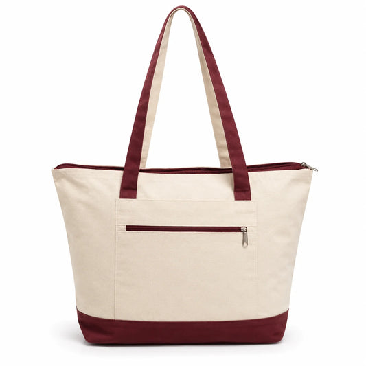 Large Canvas Tote Bag with Front Zipper Pocket