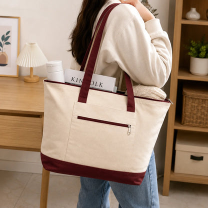 Large Canvas Tote Bag with Front Zipper Pocket