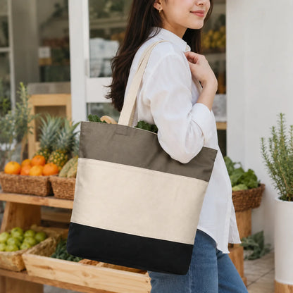 Large Color Block Canvas Tote Bag with Front Pocket