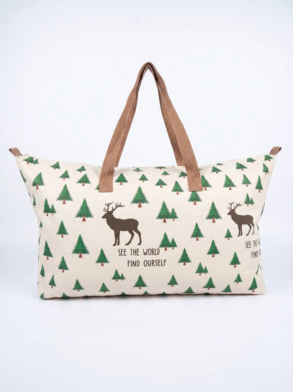 Large Deer & Pine Tree Printed Travel Tote Bag