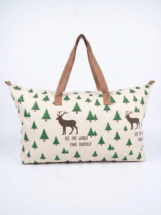 Large Deer & Pine Tree Printed Travel Tote Bag