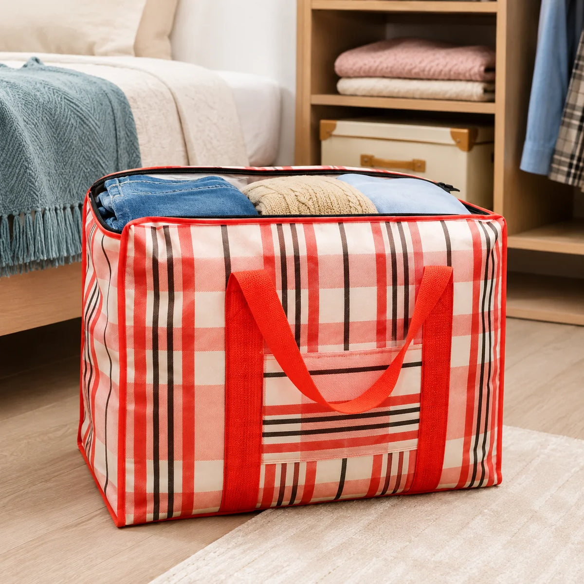 Large Plaid Carry & Storage Bag with Front Pocket