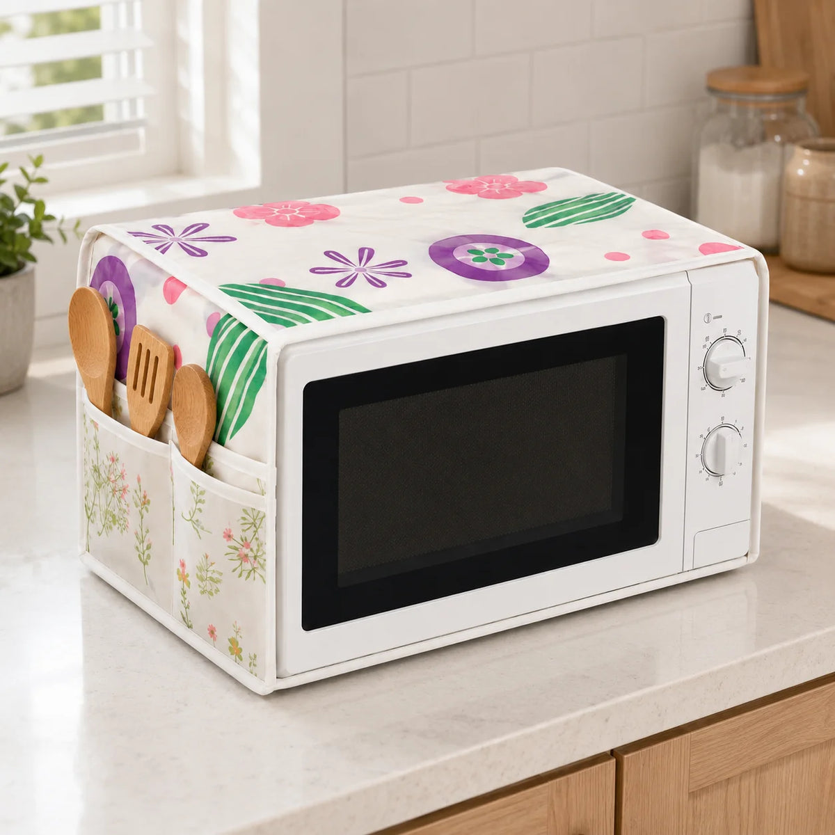Microwave Oven Dust Cover with Side Storage Pockets