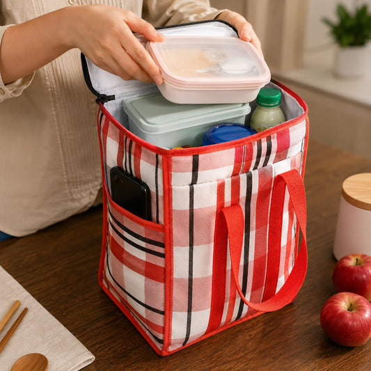 Plaid Lunch & Carry Bag with Side Pocket