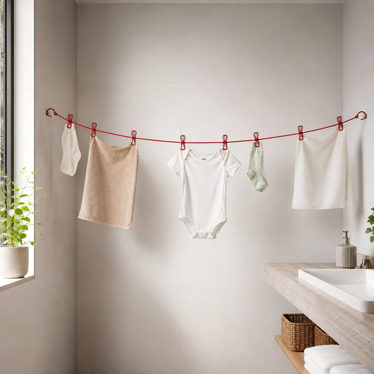 Portable Elastic Clothesline with Built-In Clips